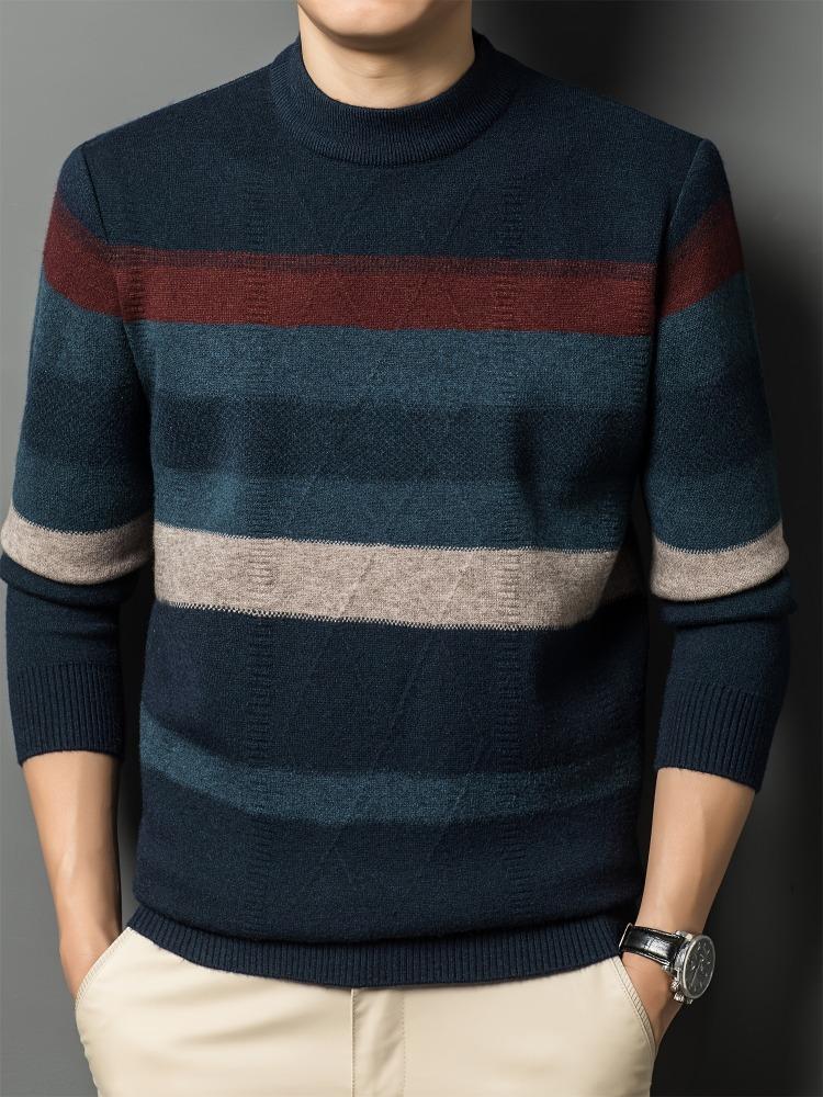 All Match Knitted Color Block Sweater, Men's Casual Warm High Stretch Crew Neck Pullover Sweater For Men Fall Winter