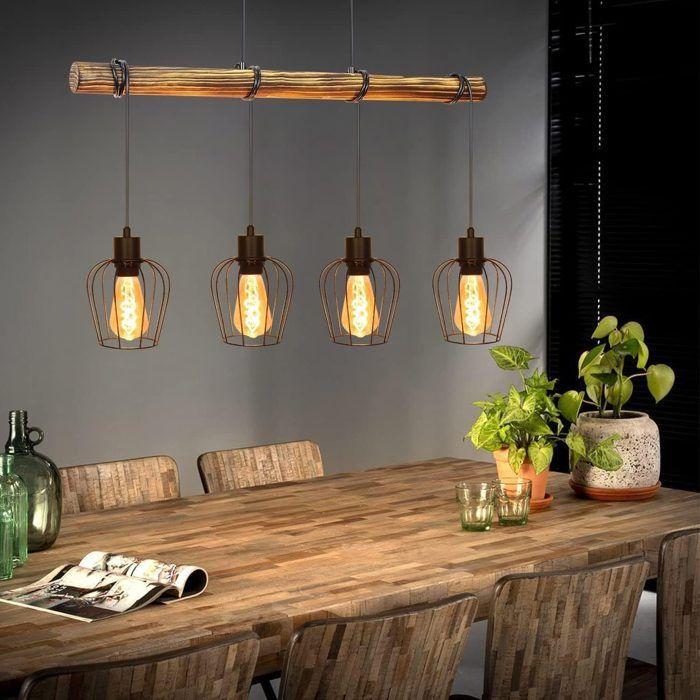 Retro Chandelier - Made of Wood, 4 E27 Sockets, Adjustable Height, Black Metal Base, Ideal for a Dining Table or a Bar Counter