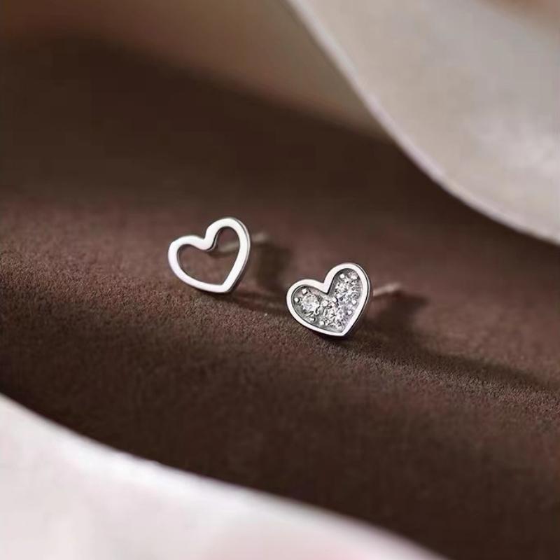 Real 925 Silver Zircon Hollow Heart Mini Stud Earrings For Women Trendy Fine Jewelry Small Niche Luxury Accessories