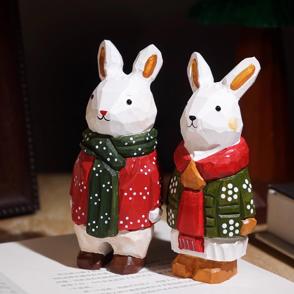 Christmas White Rabbit Figurine Room Decor Handcrafted Wood Carving Home Decorations Desk Accessories Room Wooden Rabbit Statue