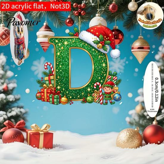 Holiday Tree Hanging Decor Personalized 26 Alphabet Christmas Ornament with Santa Hat Elf Design, Acrylic Cute Pendant for Mantel And Party