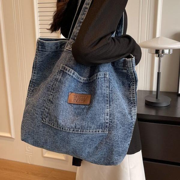 Borsa in Denim Lavato, Texture alla Moda, Borsa in Stoffa Casual Letteraria Artistica di Grande Capacità, Borsa a Spalla Sottobraccio.
