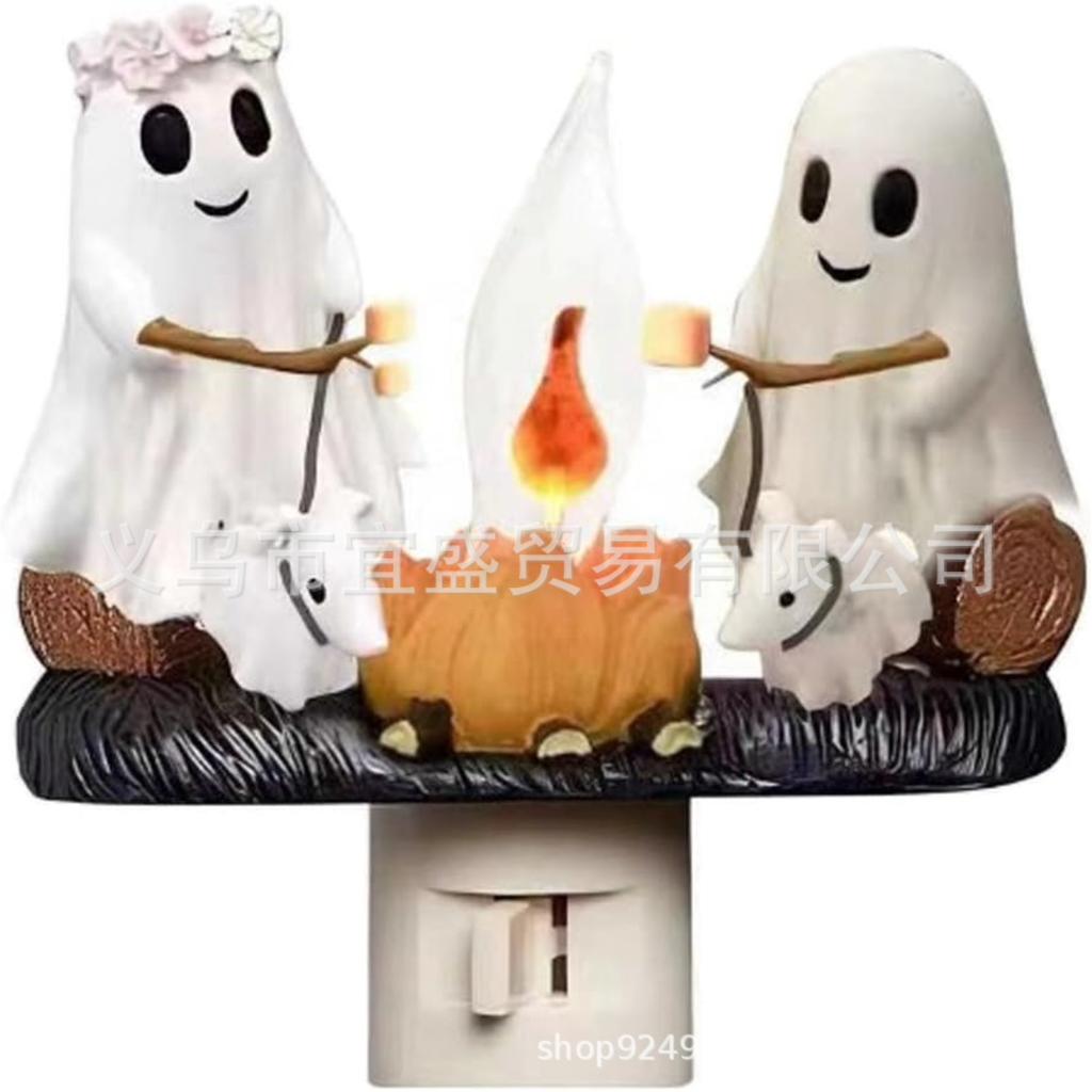 Ghost Campfire Night Light, Plug-in Wall Flickering Flame Nightlight, Halloween 3D Cute Spooky Marshmallow Ghost Decoration for Bedroom