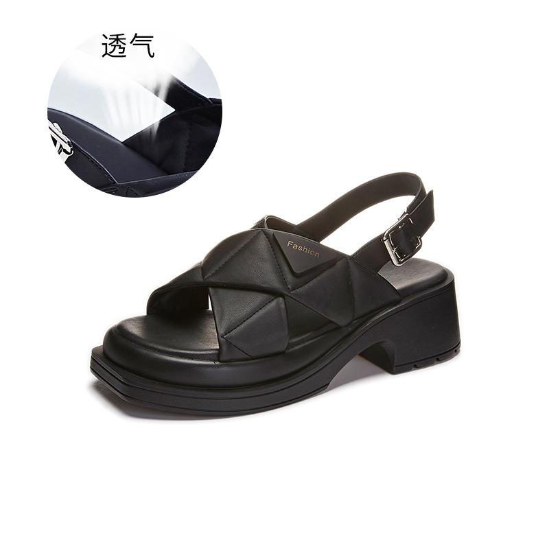 

Новые женские сандалии 2025 весна и лето женские сандалии на толстом каблуке с перекрестными ремешками и толстой подошвой, увеличивающие рост, повседневные модные сандалии Xiaoxiang 40 чёрный