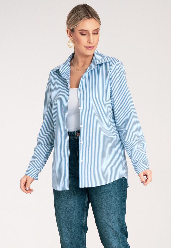 Koszula Damska Elegancka - Koszula Damska W Paski - Niebieska Koszula M1174 R. S/M