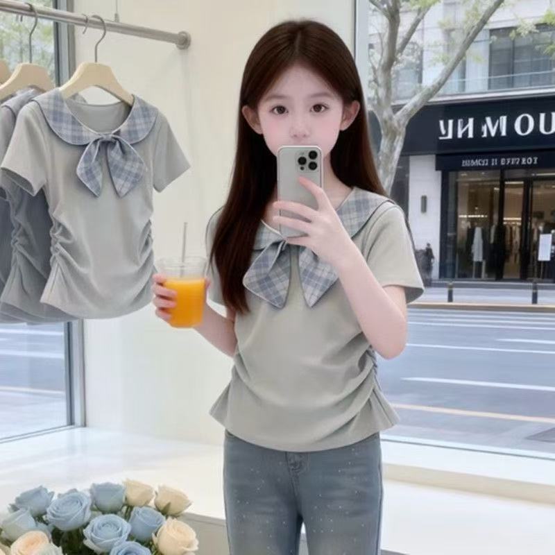 Girls Plaid Short Sleeve T Shirt Peter Pan Collar Bow Tie Fashionable Casual Top for Big Kids