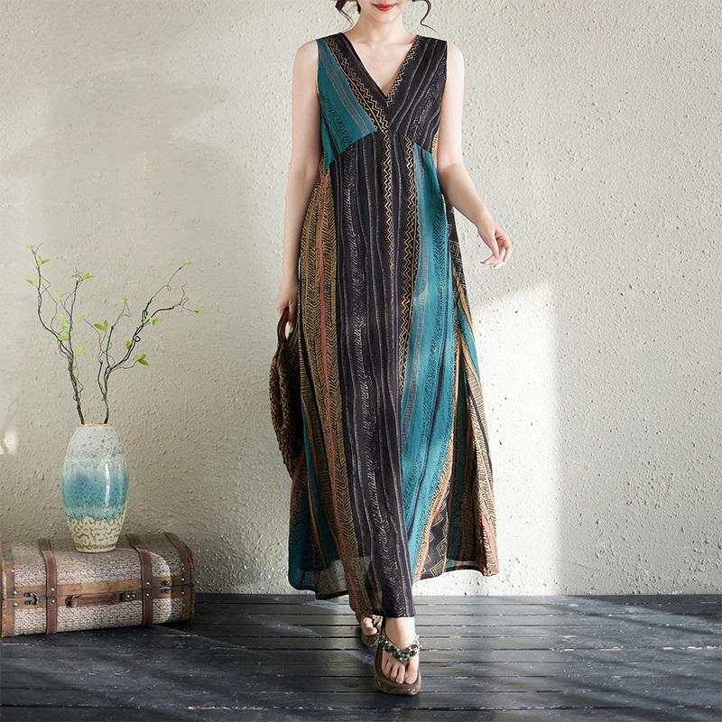 Sleeveless Plus Size Cotton Vintage Stripe New In Dresses for Women Casual Loose Long Summer Dress