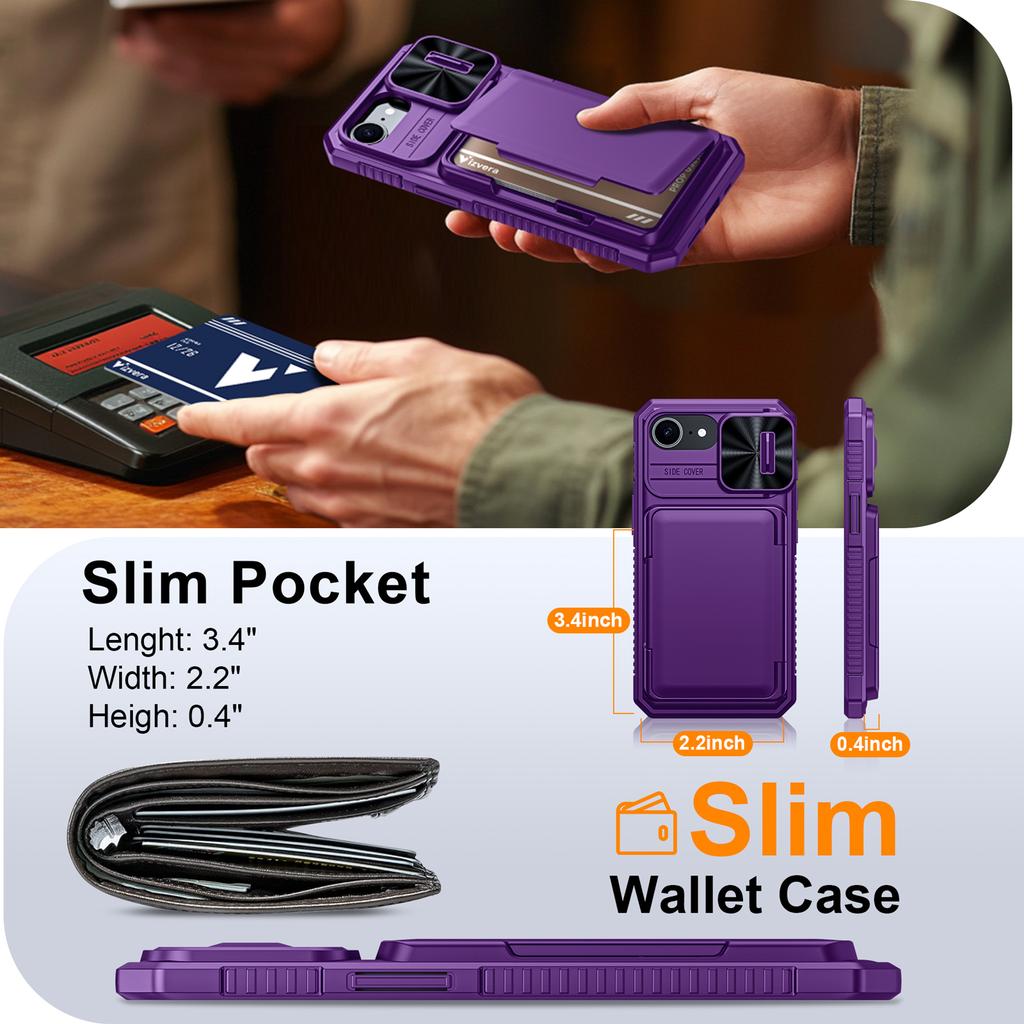 With Card Holder Sliding Camera Cover And Stand For iPhone 16E / iPhone 17E Phone Case, Anti-Fall PC+TPU Wallet Case-Purple