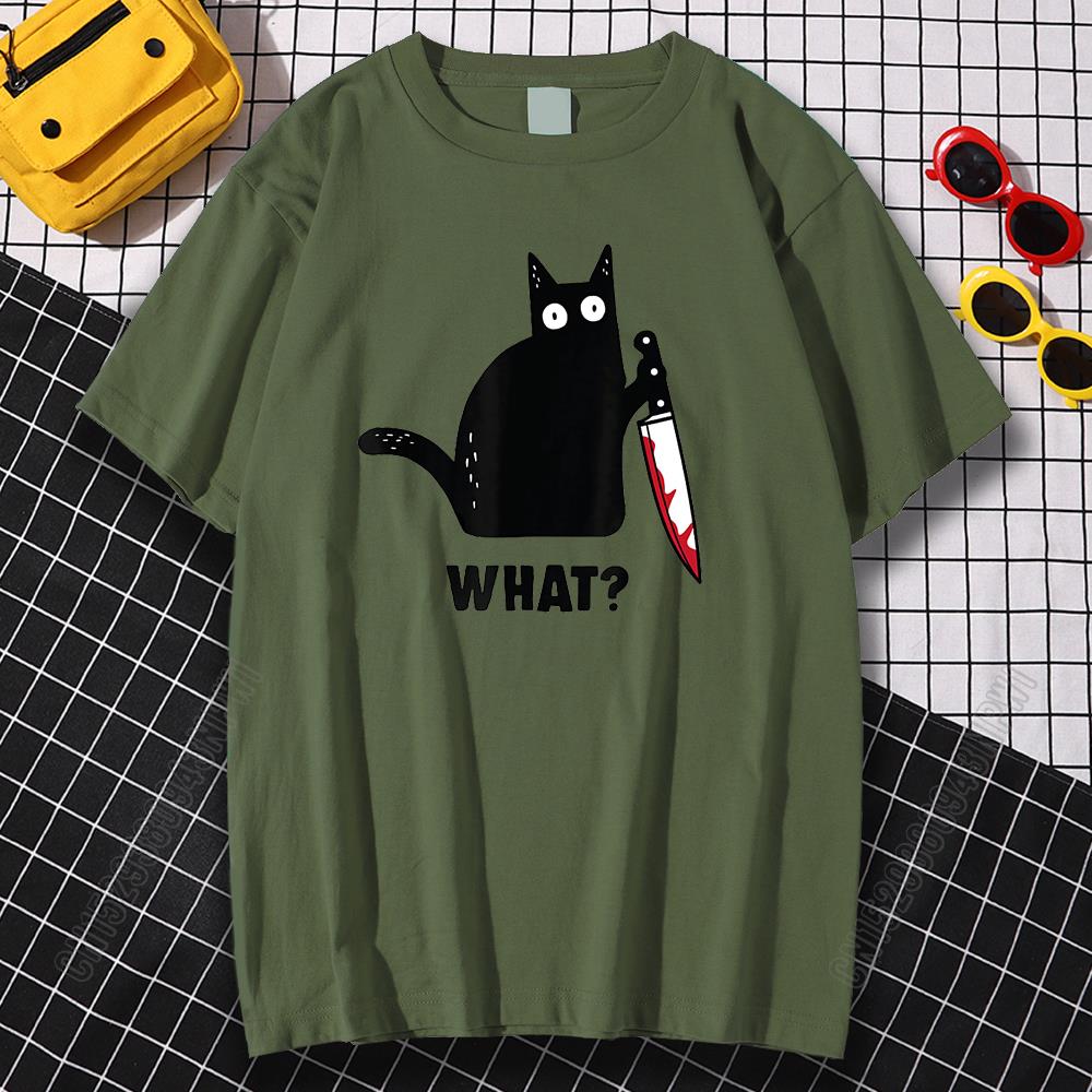 Cat What T Shirt Murderous Cat With Knife Funny Halloween Gift Cotton High Quality Men's Oversized Novelty T-Shirt Women Tee
