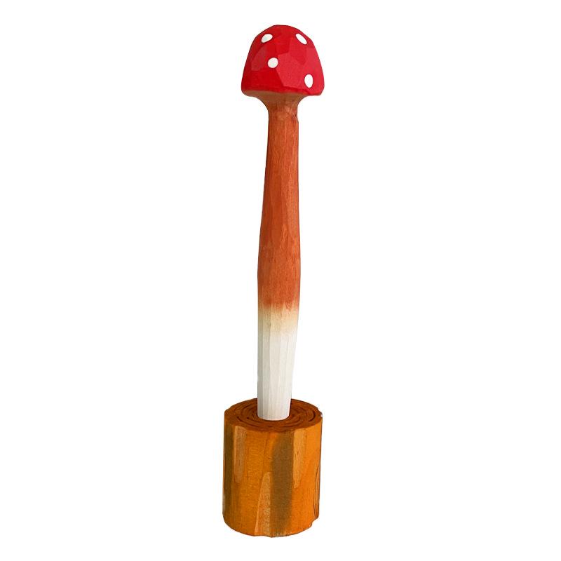 Cute Mushroom Handmade Wooden Carving Pen with Penholder - Creative Study Gift
