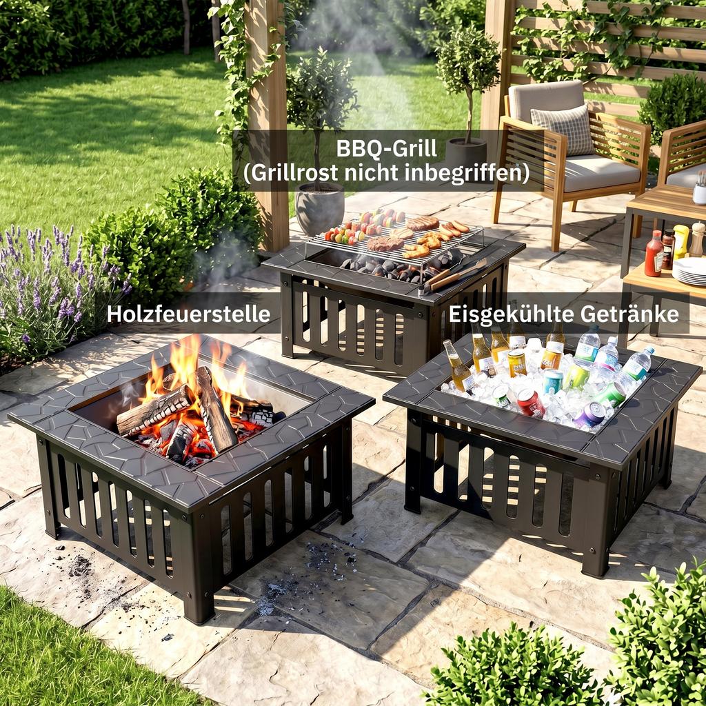Fire Bowl made of Steel Fire Pit with Spark Guard Poker for Outdoor BBQ Camping 67x67x47cm Black