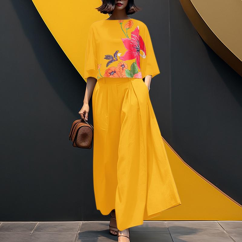 

ZANZEA Women 3/4 Sleeve Print Blouse and Wide Leg Pants Casual Two Piece Suit Sets L