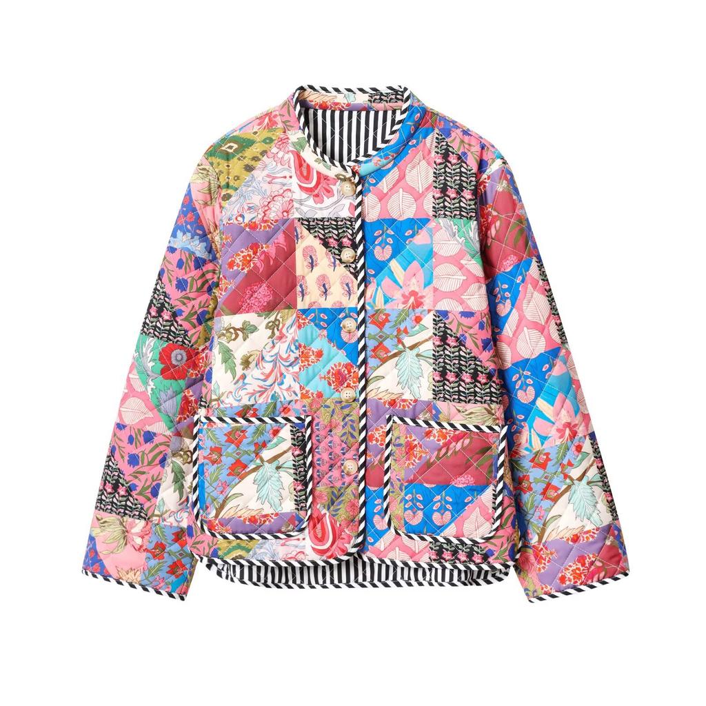 Women Stand Collar Quilted Print Loose Casual Cotton Coat