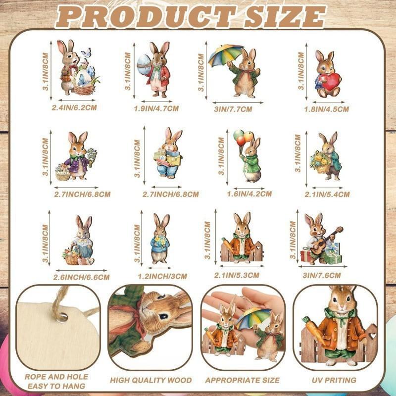 Easter Wooden Rabbit Flower Basket Ornament Spring Hanging Pendant Wooden Happy Rabbit Ornament Pendant