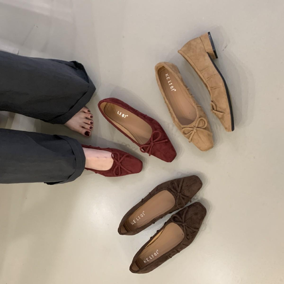 

2025 new autumn light mouth suede thick heel bow commuter work women s shoes 39 кофейный