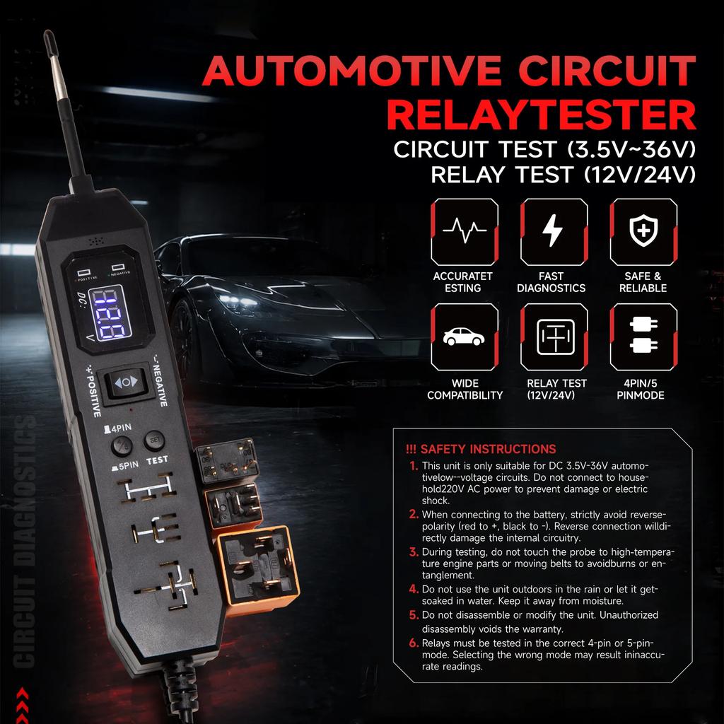 DW833 2 IN 1 Automotive Circuit Tester Automotive Relay Tester LED Display Universal 12V /24V Automotive Electronic Relay Test