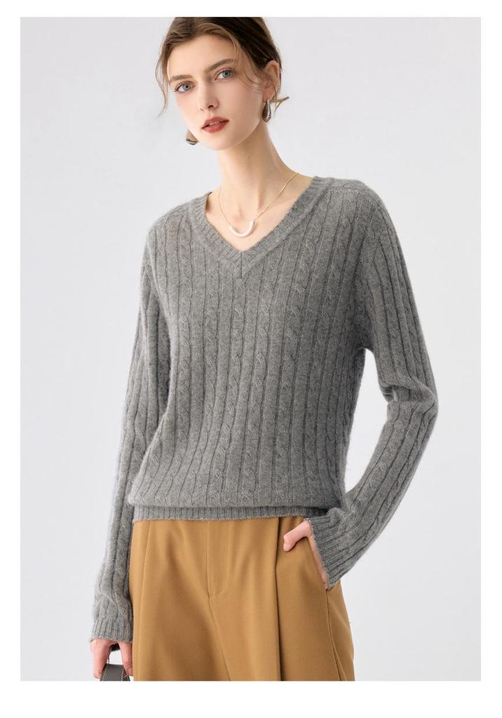 Women's V-neck Thickened Cashmere Cable Knit Sweater for Autumn/Winter