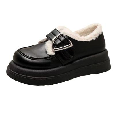Fashion Retro Leather Velvet Winter Loafers for Women Fashion Soft-soled Women's Platform Shoes Designer Casual Ladies Warm Cotton Shoes
