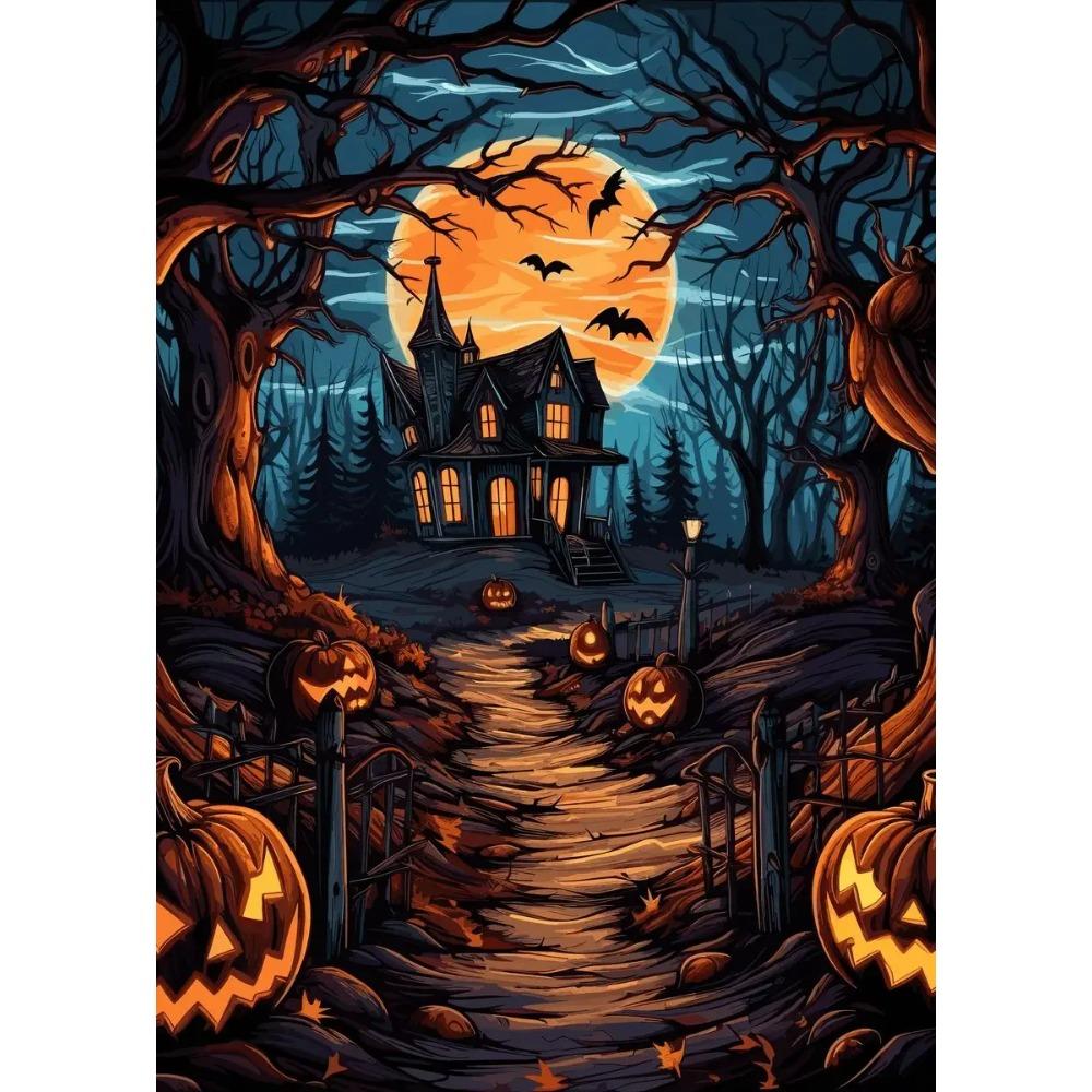 A Classic Vintage Wall Art Pumpkin Black Cat Ghost Painter Halloween Night, Printed Poster, Home Living Room Bedroom Decoration