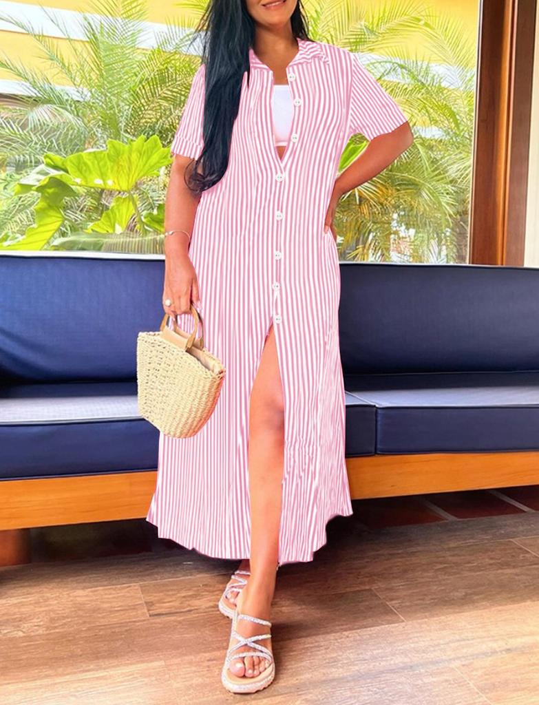 Summer Short Sleeve Casual Long Stripe Printed Dress Women's Clothing