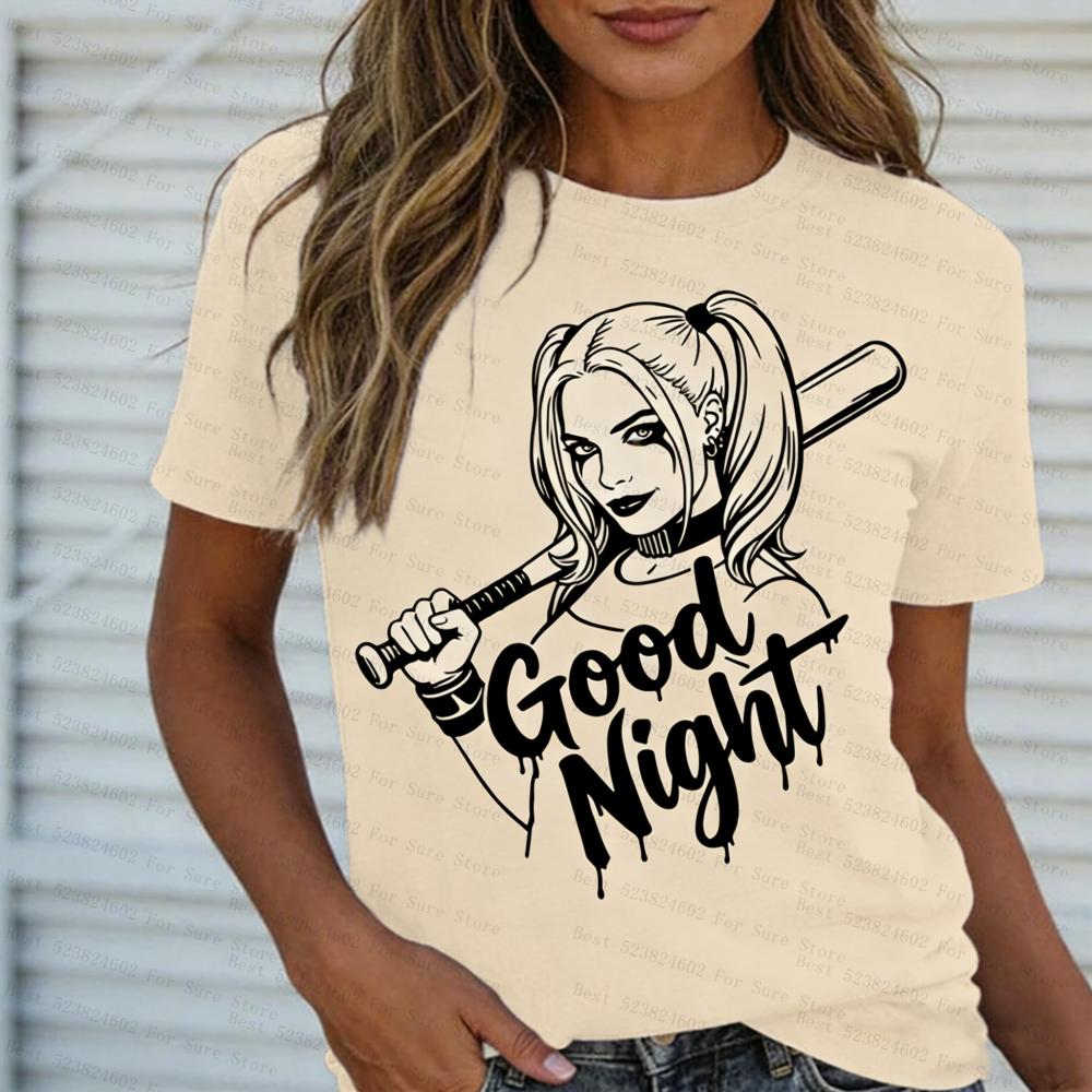 

Womens Harley Quinn Good Night Graphic TShirt Casual Short Sleeve Tee Plus size Streetwear Top for Daily Wear Hot Selling 4XL