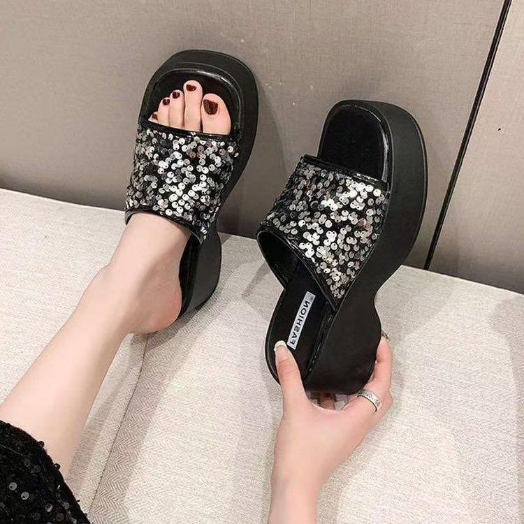 Thick Bottom Slope Heel Cool Slippers Women's Summer Wear 2025 New Super Fire Sequins High-end Feeling with Skirt Beach One-word Drag