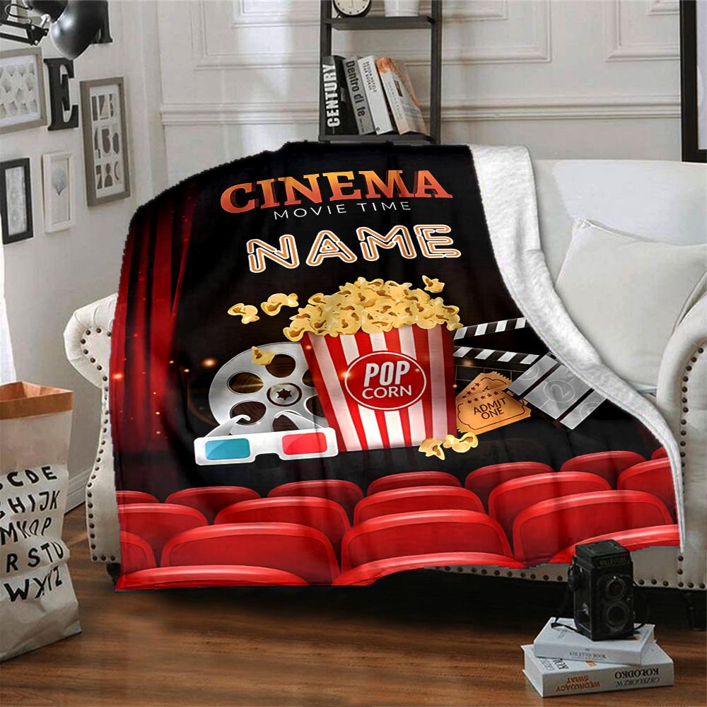Cinema Movie Time With Popcorn And Reels Gift Customizable Blanket Personalized Name Comfortable Texture For Sofa Couch Office Bed Picnics Four