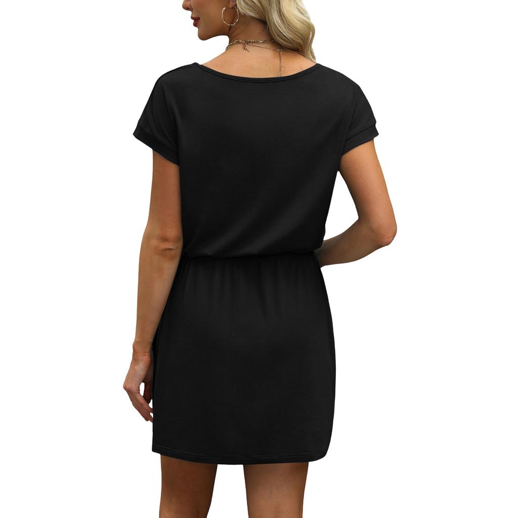 Women's Summer V-neck T-shirt Casual Short Sleeve Drawstring With Pocket Solid Color Dresses
