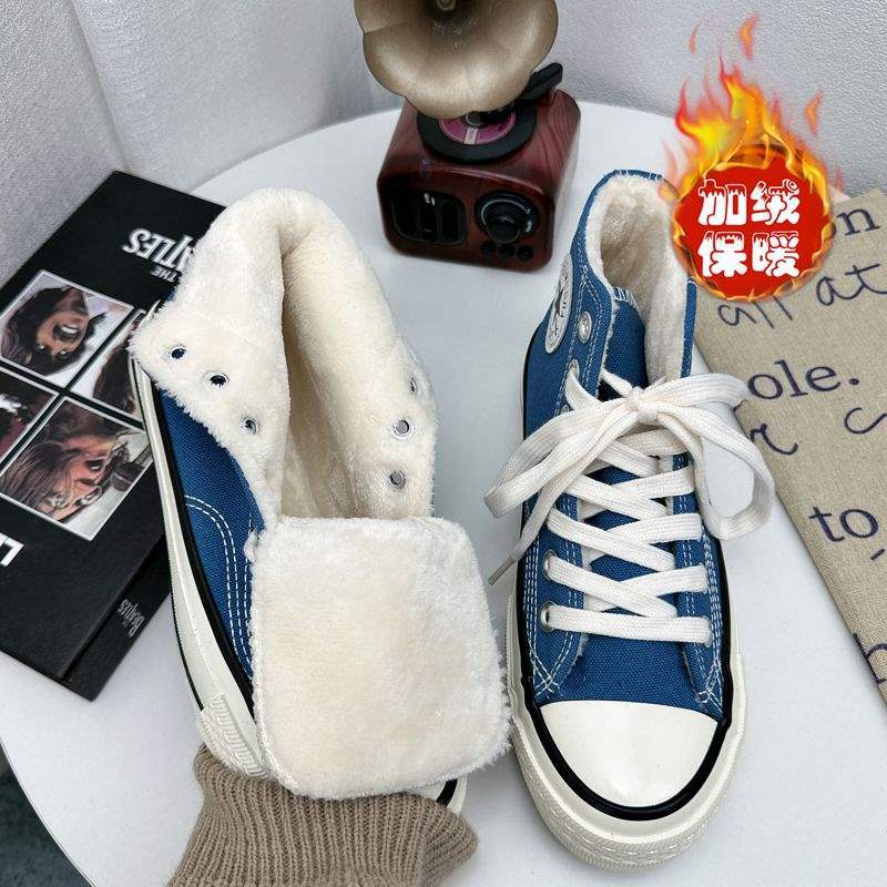Winter New Blue Velvet High-top Canvas Shoes Warm Women's Shoes 1970s Classic Versatile Student Casual Board Shoes