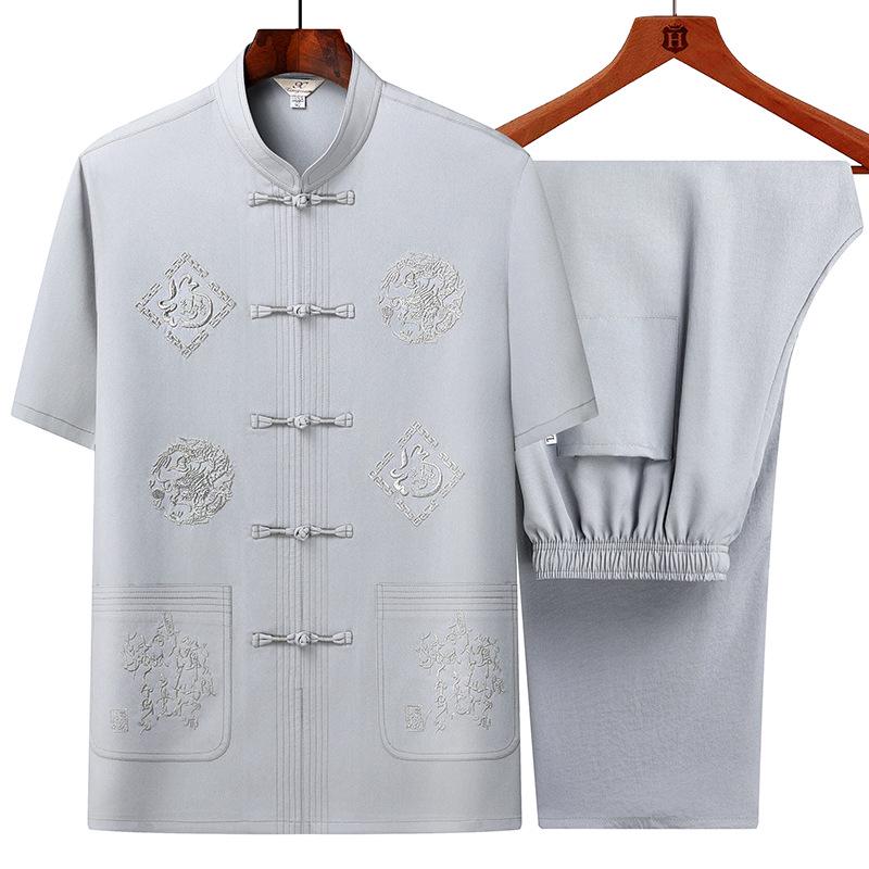 Men's Summer Short-Sleeved Shirt Set - Middle-Aged & Elderly Dad Tang Suit Style