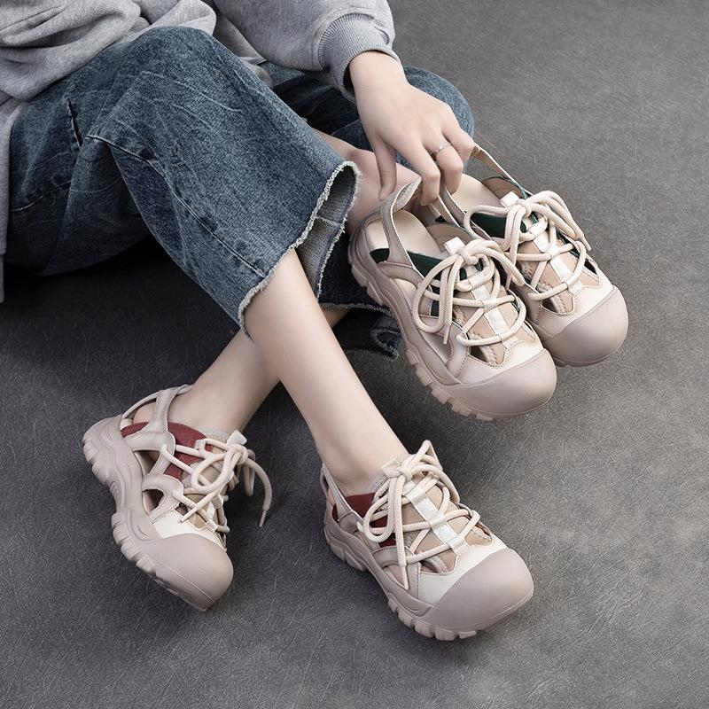 4CM Women Sandals Weave Genuine Leather Moccasins Fashion Summer Natural Platform Falts Chunky Sneakers Slip on Hollow Shoes