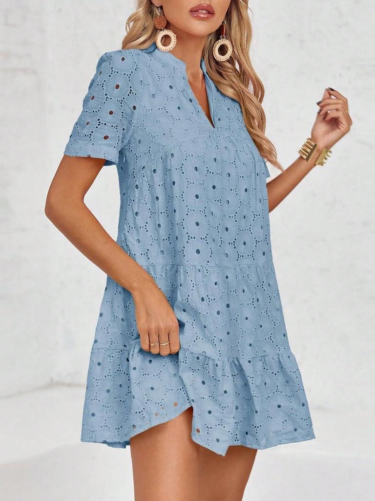 Women's Eyelet Lace Babydoll Dress Short Sleeve V Neck Flowy Summer Tunic Dress