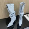Fashion Liyke New Style Stitching Pleated Denim Pants Knee High Boots Women Button Pocket Decor Patchwork Autumn Winter Slim Heels Shoes