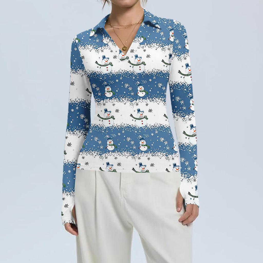 Damenmode Lässig Weihnachts-Print V-Ausschnitt Langarm Knopfleiste Oberteil