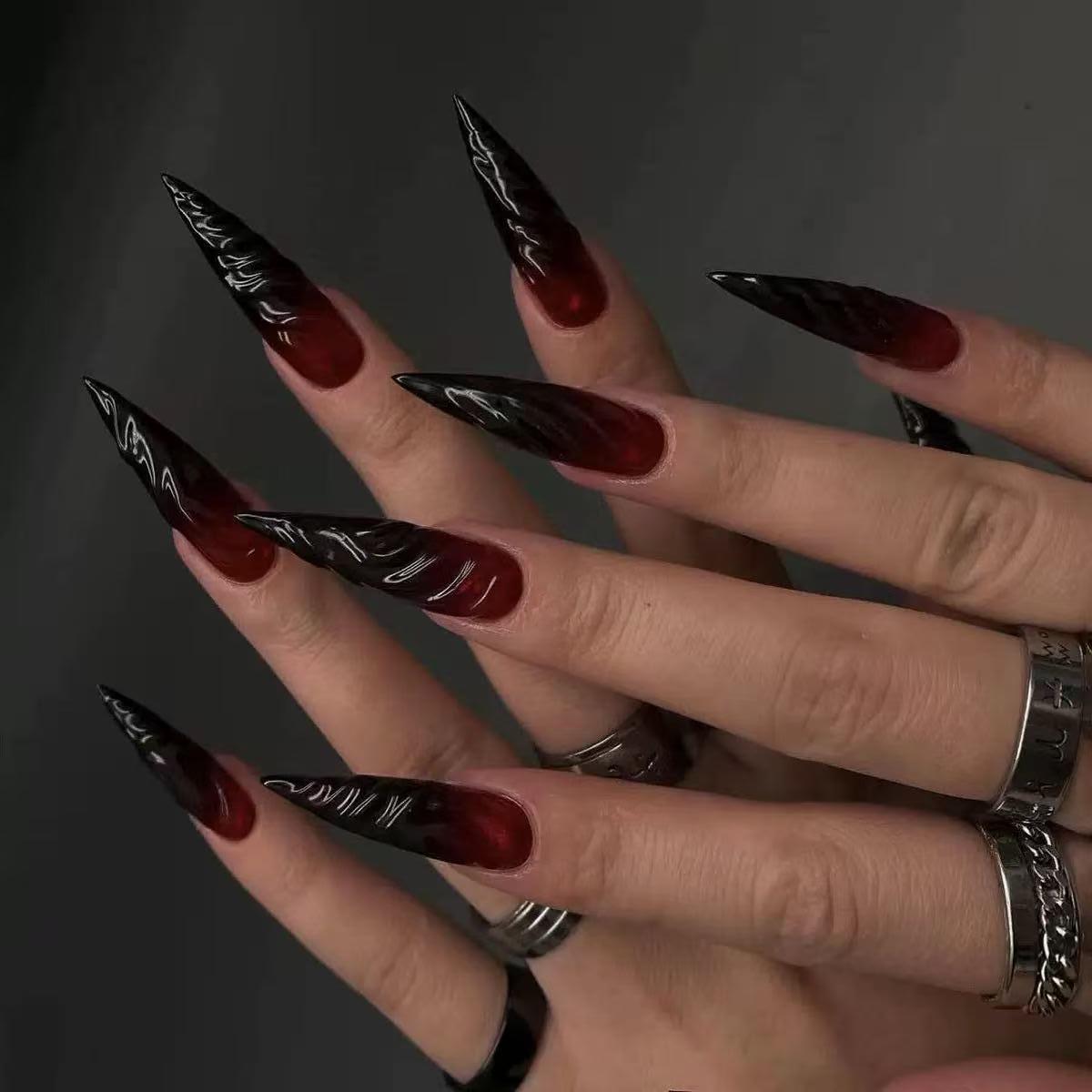 3D Ombre Gradient Dark Red Pointed Wearable Nail Art Tips - Super Long Fake Nails
