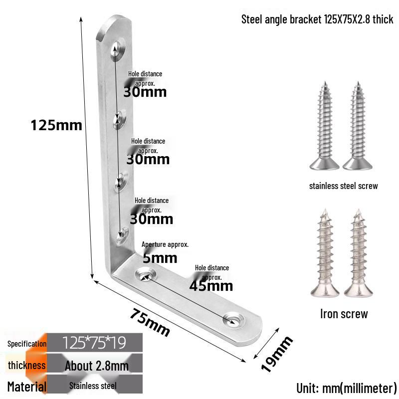 Thickened Stainless Steel 90° L-Shaped Bracket for Furniture and Shelves