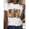 European Size Women'S Retro Leopard Print T-Shirt - Autumn Leopard Spot Short Sleeve Round Neck Casual Top with Happy Fall Lettering & Leaf Patterns