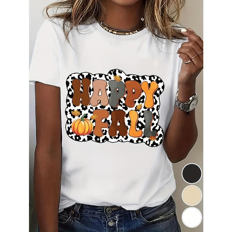 

European Size Women S Retro Leopard Print T-Shirt - Autumn Leopard Spot Short Sleeve Round Neck Casual Top with Happy Fall Lettering & Leaf Patterns 4XL білий