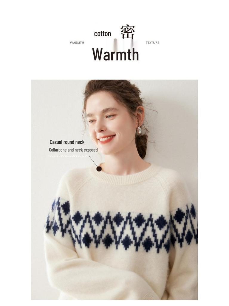 Women's Cashmere Round Neck Jacquard Sweater - Thick, Stylish, and Soft for Autumn/Winter