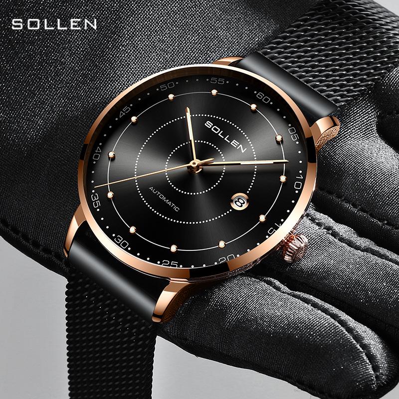 Solon Ultra-Thin Automatic Men's Leather Strap Waterproof Watch - Simple & Stylish.