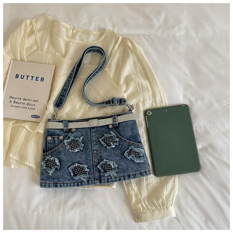Cross-border Tassel Patchwork Denim Crossbody Bag - Trendy Single Shoulder Skirt Bag for Work or School.