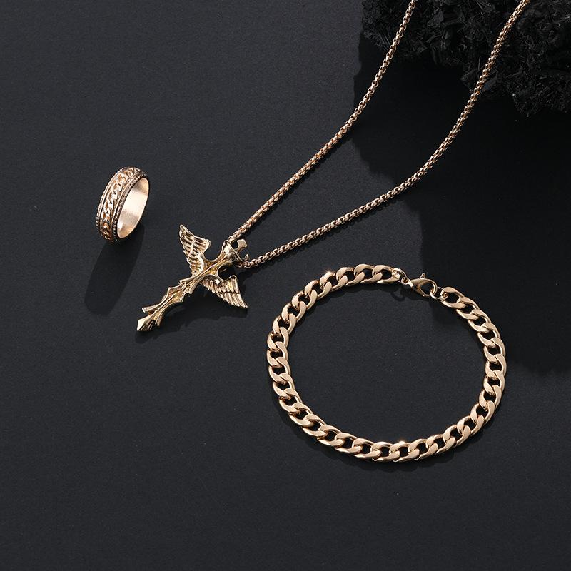 3Pcs Set Men'S Stainless Steel Metal Cross Pendant Chain Necklace Bracelet Ring Jewelry Set Male Hip Hop Daily Wear Accessories