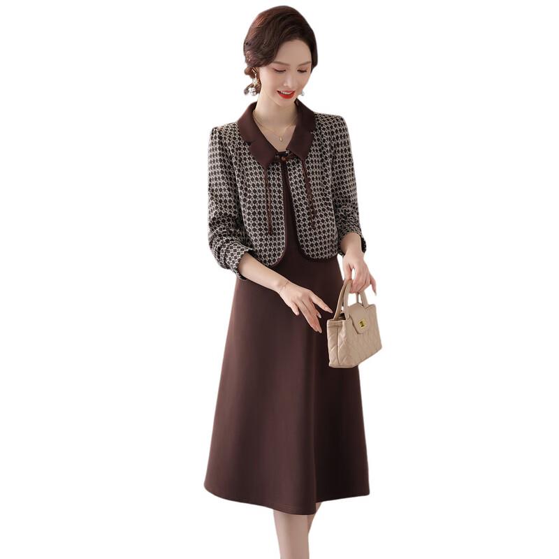 Middle-Aged Women's Plaid Dress & Jacket Set
