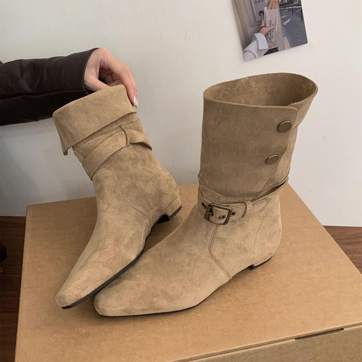 

French retro pointed low heel skinny boots women s two wear belt buckle Martin boots Maillard suede western boots short boots 40 хаки