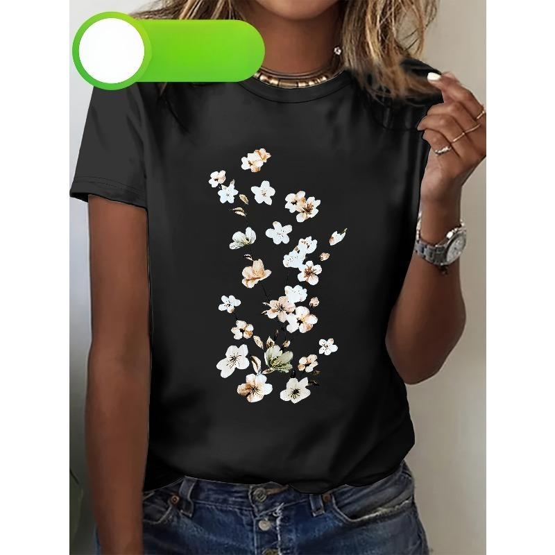 European Size Plus Size - Charming White And Blush Cherry Blossoms On a Black Background, Women'S Printed Casual Round-Neck Short-Sleeve Top