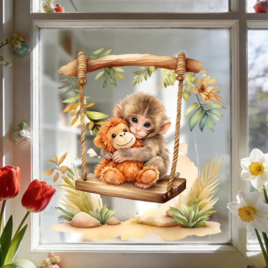 Affen Fenstertattoo Niedlicher Babyaffe PVC-Aufkleber Wiederverwendbare Statische Glasaufkleber für Wohnzimmer Heimdeko
