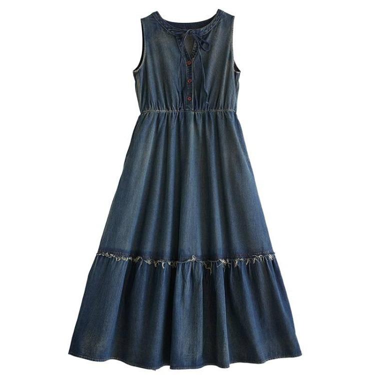 Oversized Summer Denim Dress Plus Size Women Sleeveless Vintage Long Casual Loose Pleated Dress