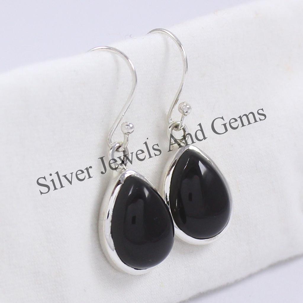 925 Sterling Silver Teardrop Black Onyx Earrings, December Birthstone