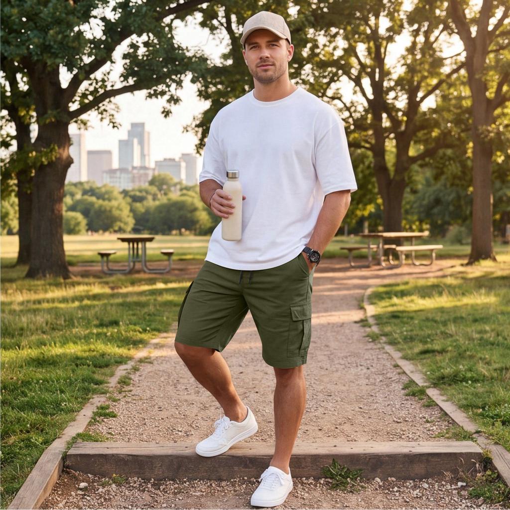 Mens Casual Cargo Shorts with Drawstring Waist Relaxed Fit Lightweight Fabric Multiple Pockets Knee Length Design