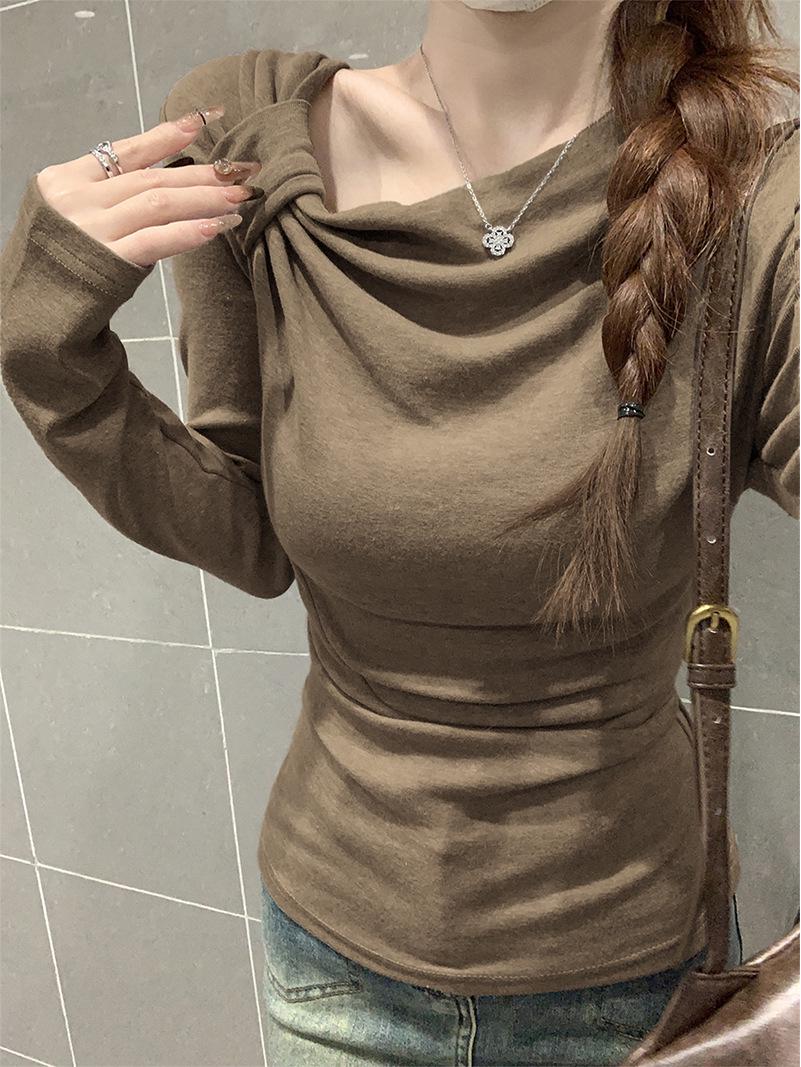 

Korean Off-Shoulder Twist Long-Sleeve Slim-Fit T-Shirt for Women, Autumn/Winter Design, Base Layer Top Extra Large